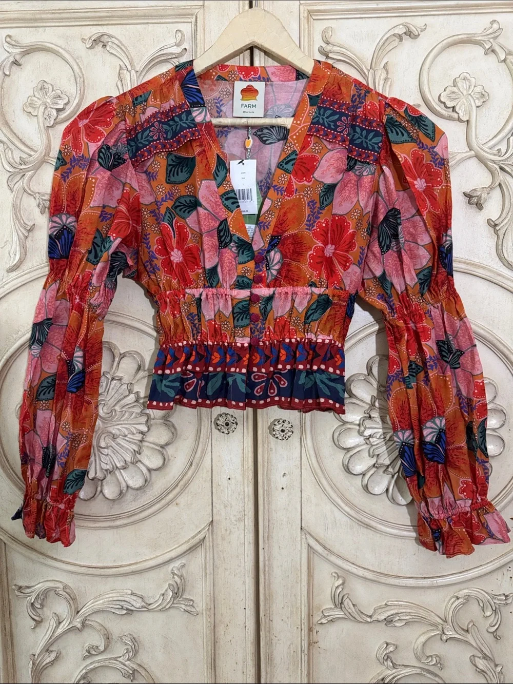 FARM Rio Marias Floral Plunge Neck Peplum Long Sleeve Top Size Medium